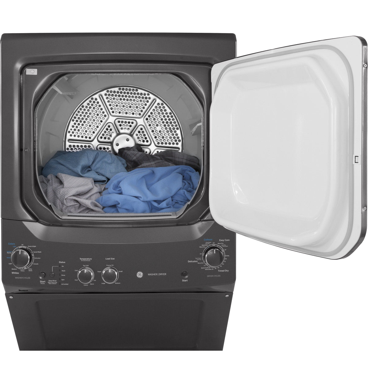 GE Gas Stacked Laundry Center with 3.8-cu ft Washer and 5.9-cu ft Dryer, Diamond Gray (GUD27GSPMDG)