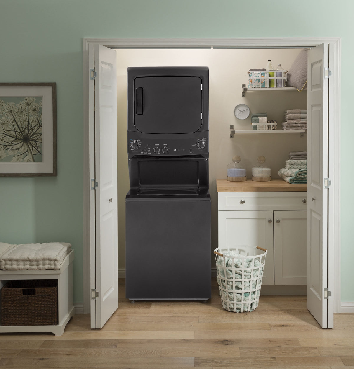 GE Gas Stacked Laundry Center with 3.8-cu ft Washer and 5.9-cu ft Dryer, Diamond Gray (GUD27GSPMDG)