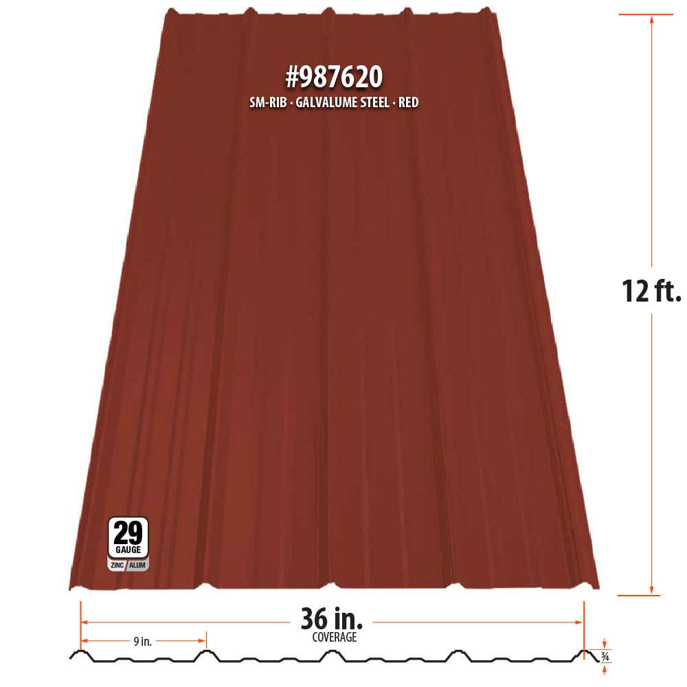Gibraltar Building Products SM-Rib 3.125-ft x 12-ft Red Galvalume Steel Roof Panel, 29-Gauge, 36-in Coverage