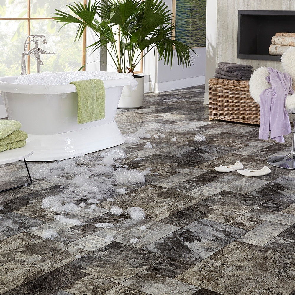Style Selections 12-ft W Cut-to-Length Montfort Slate Stone-Look Low-Gloss Sheet Vinyl Flooring