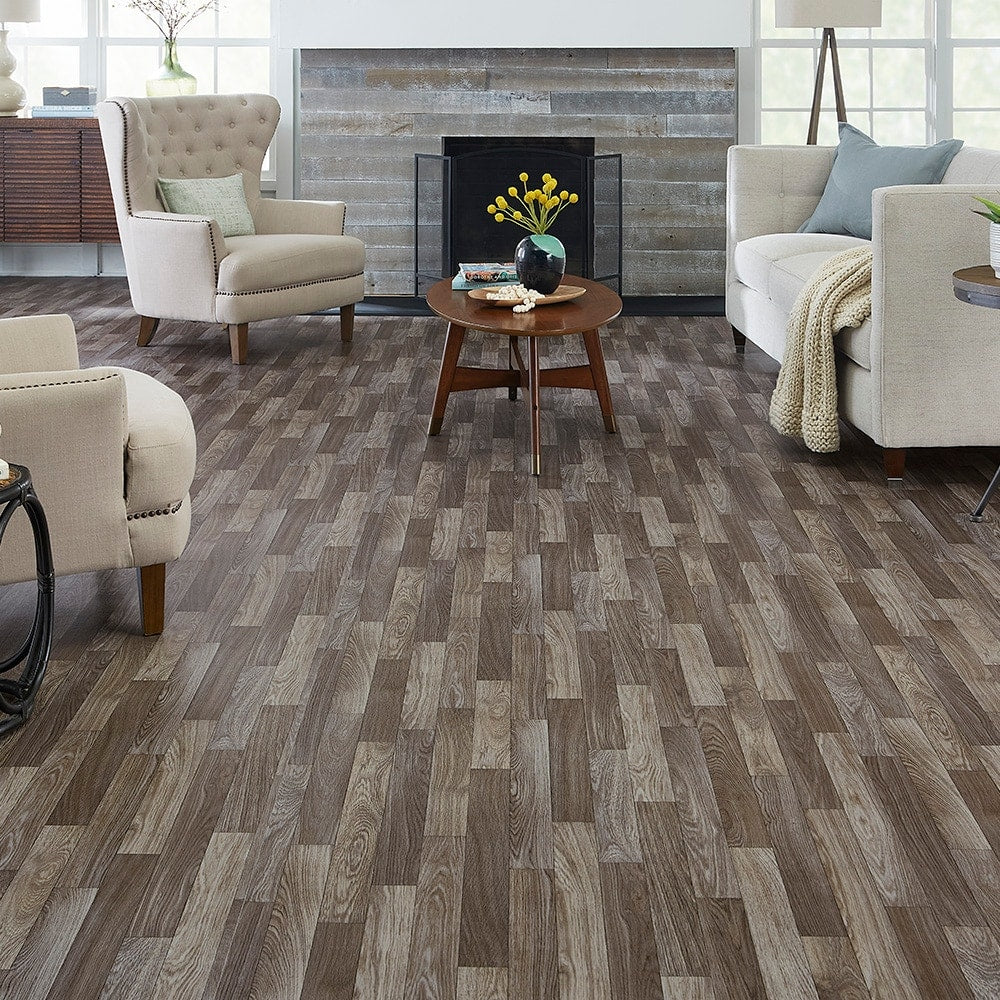 Style Selections 12-ft W Cut-to-Length Highland Oak Wood-Look Low-Gloss Sheet Vinyl Flooring, 4.72-mil Wear Layer