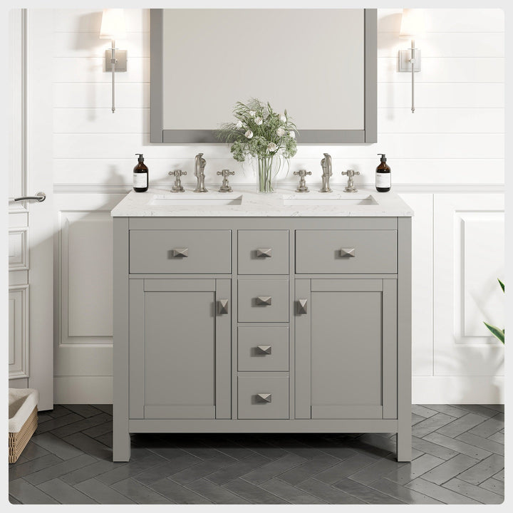Eviva Artemis 44 in. W x 22 in. D x 34 in. H Double Sink Bathroom Vanity in White with Carrara-Style Quartz Top and White Undermount Sinks