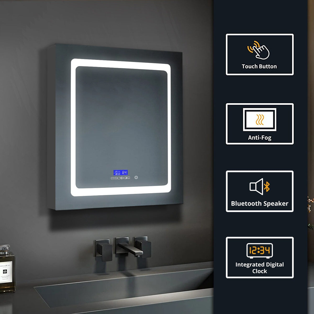 Lexora Bracciano 24-in x 32-in Lighted LED Fog Free Surface Mount Gray Mirrored Soft Close Medicine Cabinet