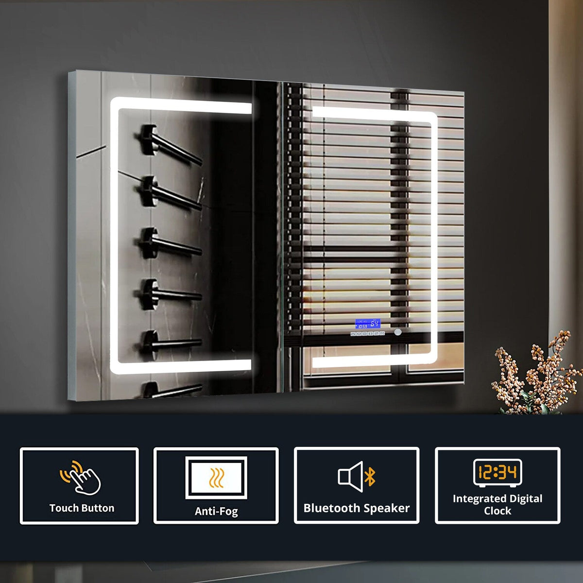 Lexora Bracciano 36-in x 32-in Lighted LED Fog Free Surface Mount Gray Mirrored Soft Close Medicine Cabinet