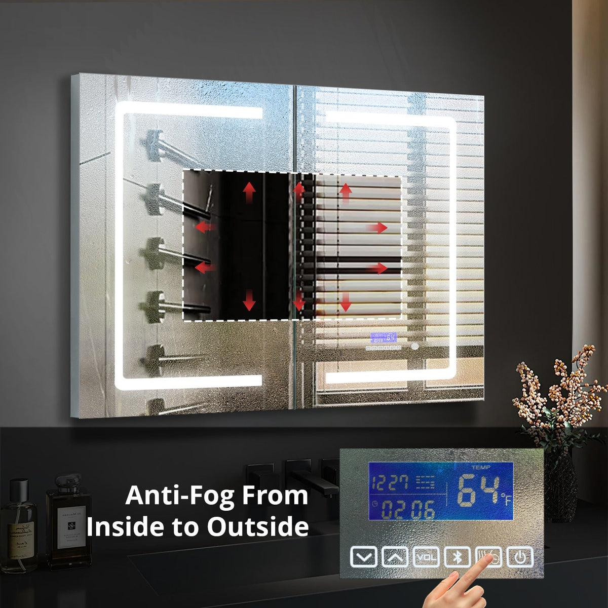 Lexora Bracciano 36-in x 32-in Lighted LED Fog Free Surface Mount Gray Mirrored Soft Close Medicine Cabinet