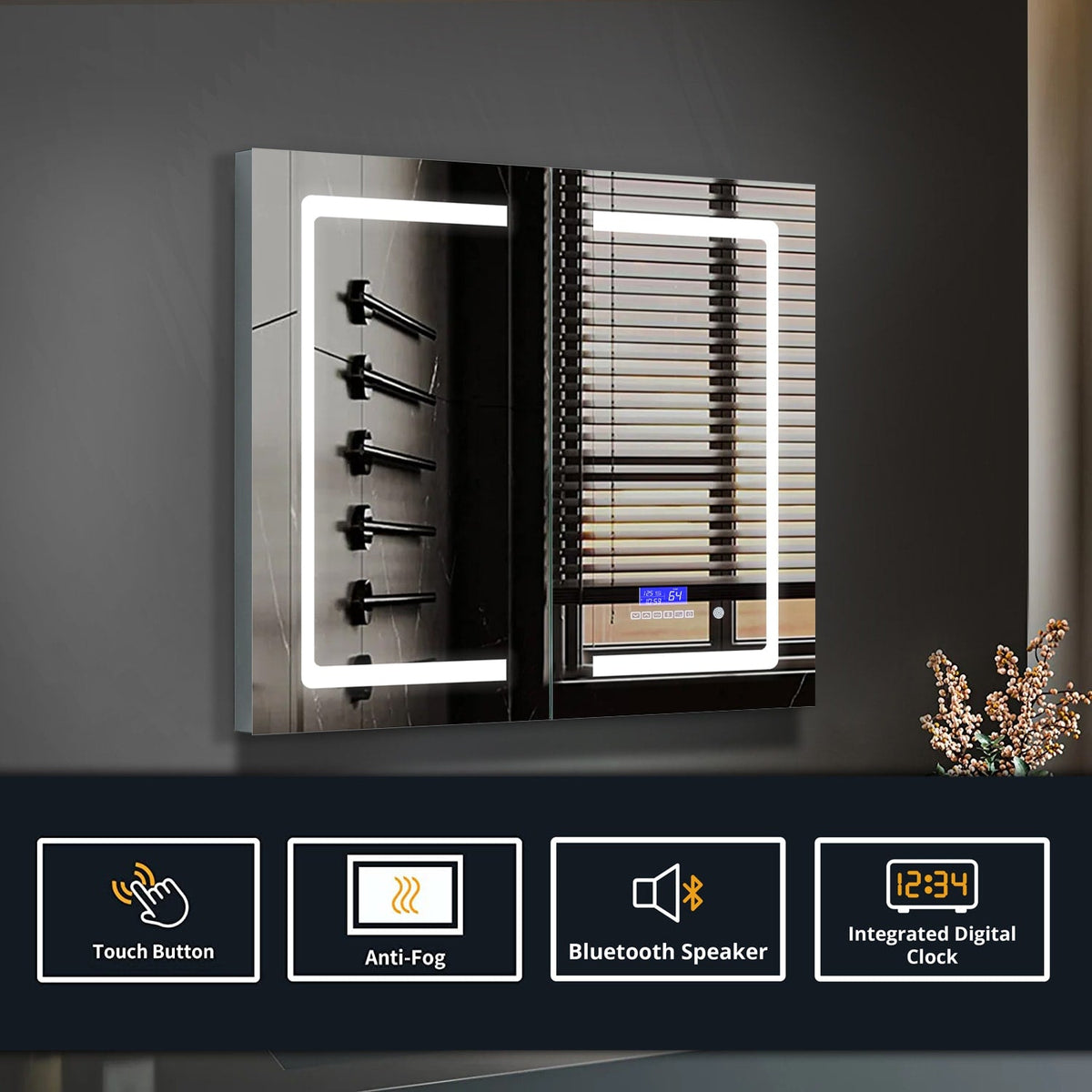 Lexora Bracciano 36-in x 36-in Lighted LED Fog Free Surface Mount Gray Mirrored Soft Close Medicine Cabinet
