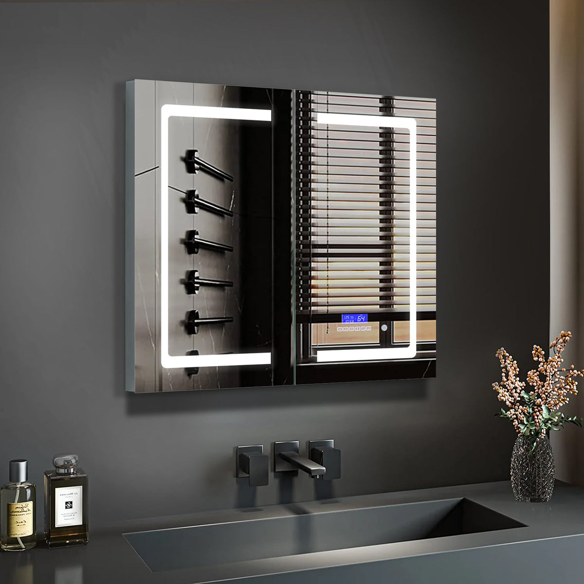 Lexora Bracciano 36-in x 36-in Lighted LED Fog Free Surface Mount Gray Mirrored Soft Close Medicine Cabinet