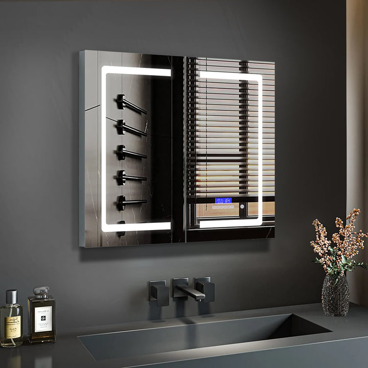 Lexora Bracciano 36-in x 36-in Lighted LED Fog Free Surface Mount Gray Mirrored Soft Close Medicine Cabinet
