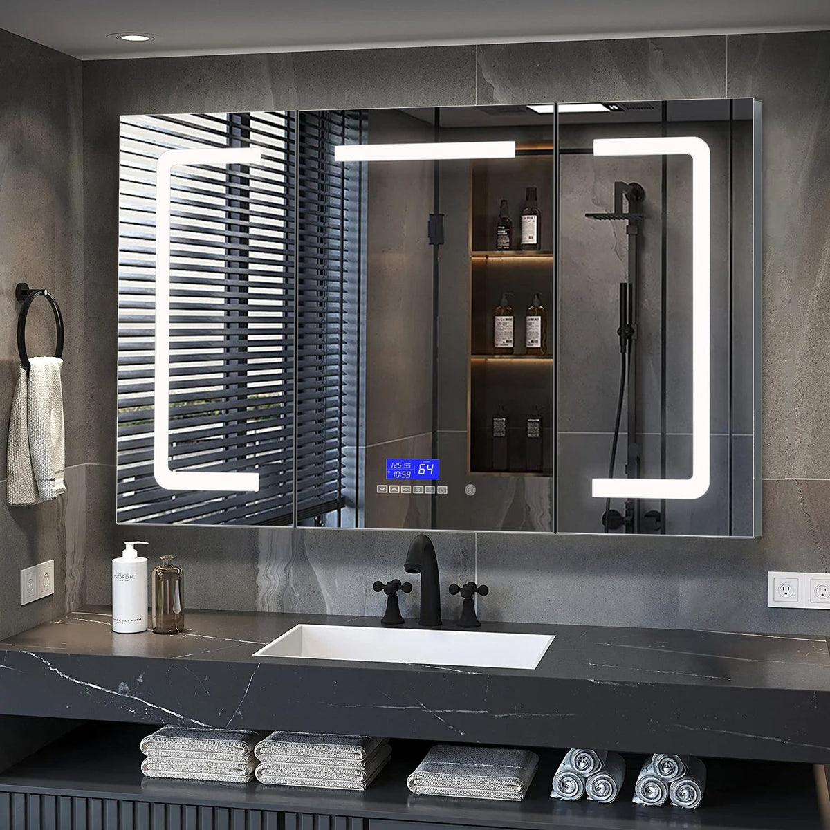 Lexora Lesina 48-in x 32-in Lighted LED Fog Free Surface Mount Gray Mirrored Soft Close Medicine Cabinet
