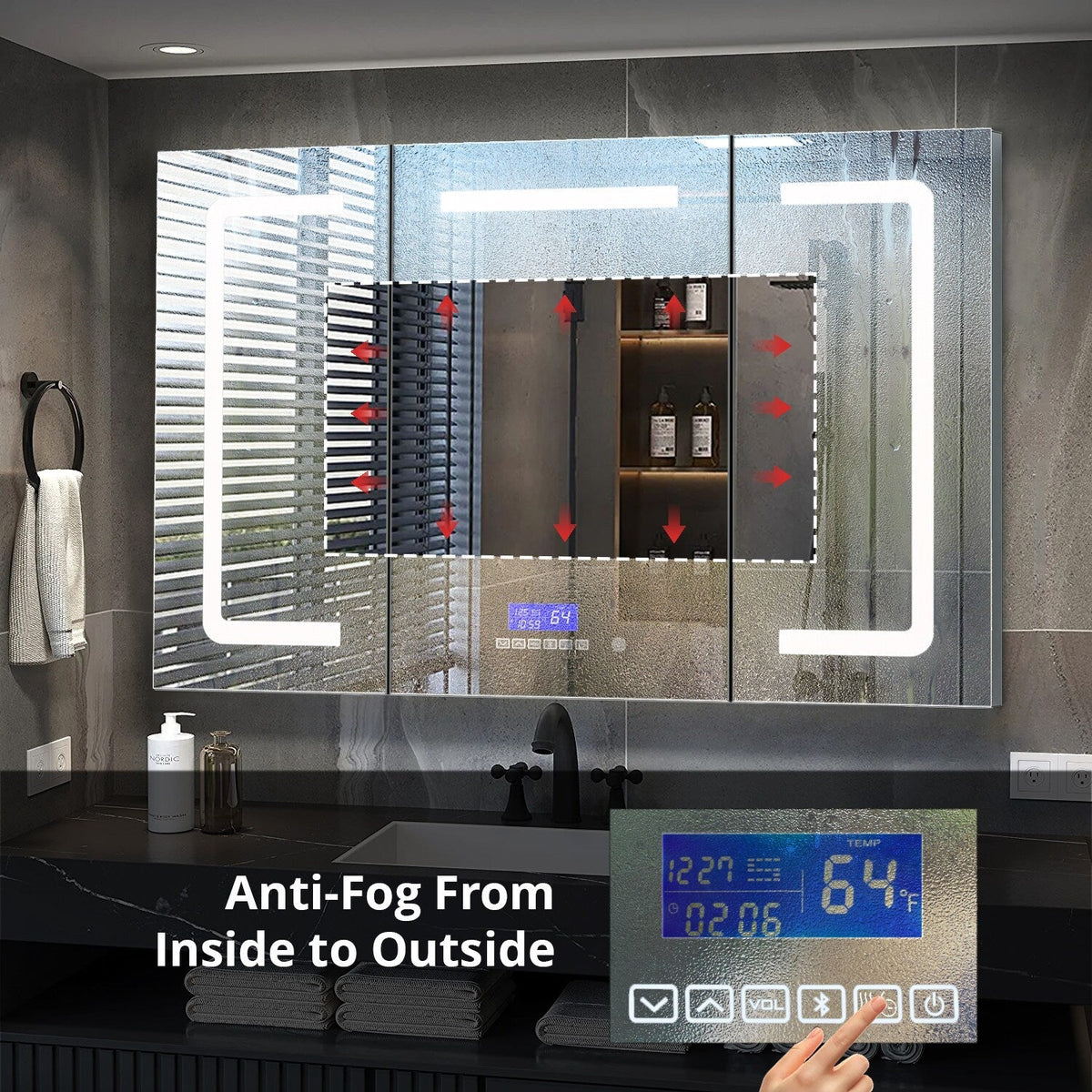 Lexora Lesina 48-in x 32-in Lighted LED Fog Free Surface Mount Gray Mirrored Soft Close Medicine Cabinet