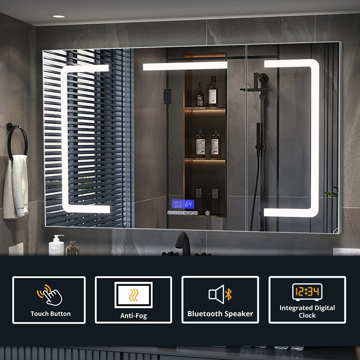 Lexora Lesina 60-in x 32-in Lighted LED Fog Free Surface Mount Gray Mirrored Soft Close Medicine Cabinet