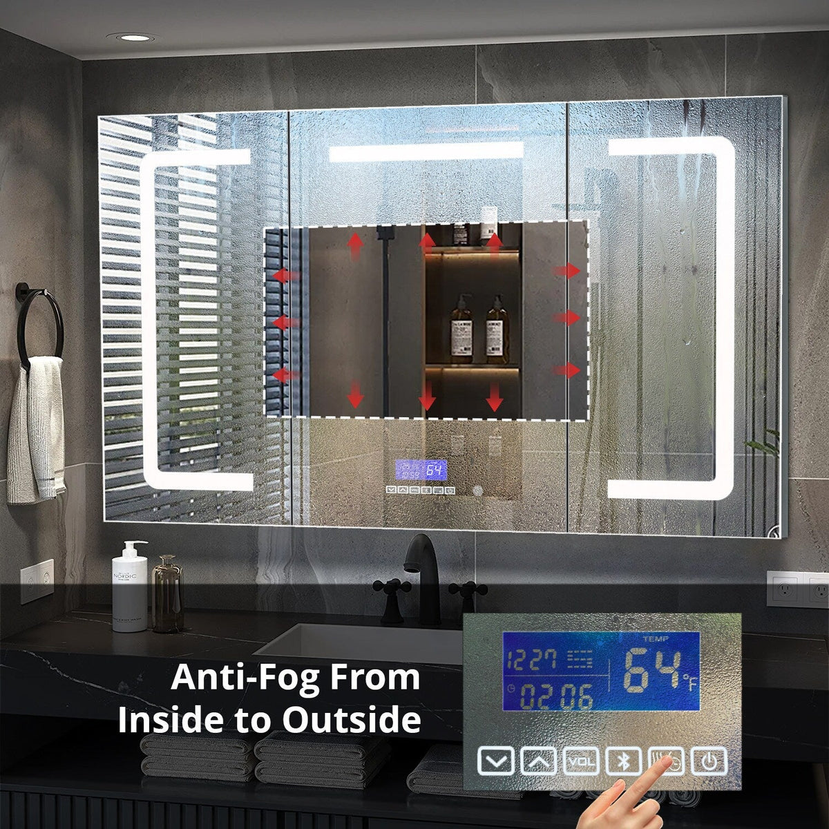 Lexora Lesina 60-in x 32-in Lighted LED Fog Free Surface Mount Gray Mirrored Soft Close Medicine Cabinet
