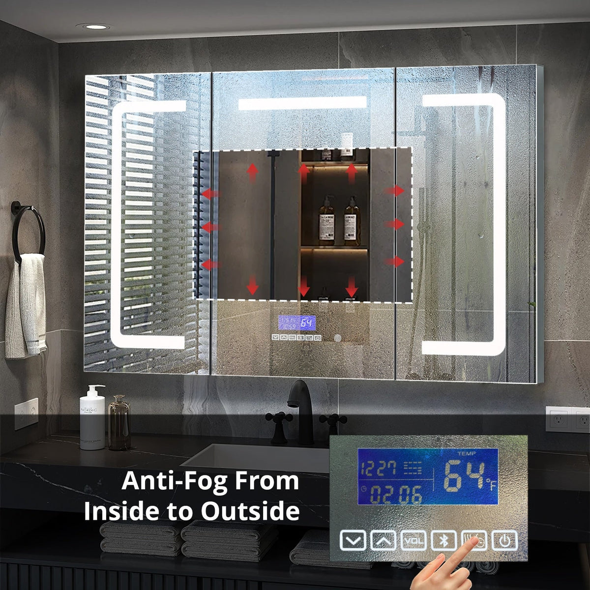 Lexora Lesina 48-in x 36-in Lighted LED Fog Free Surface Mount Gray Mirrored Soft Close Medicine Cabinet