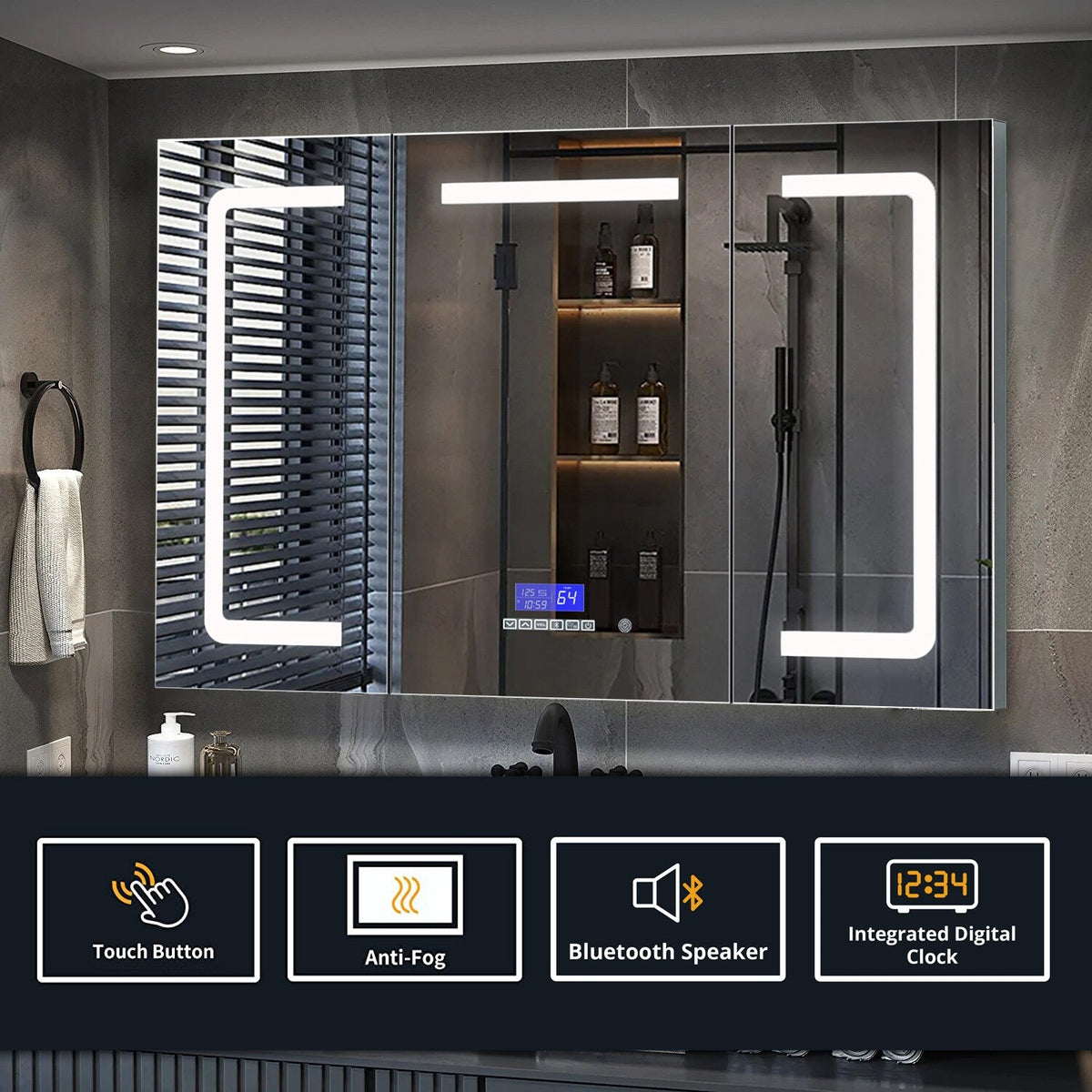 Lexora Lesina 48-in x 36-in Lighted LED Fog Free Surface Mount Gray Mirrored Soft Close Medicine Cabinet