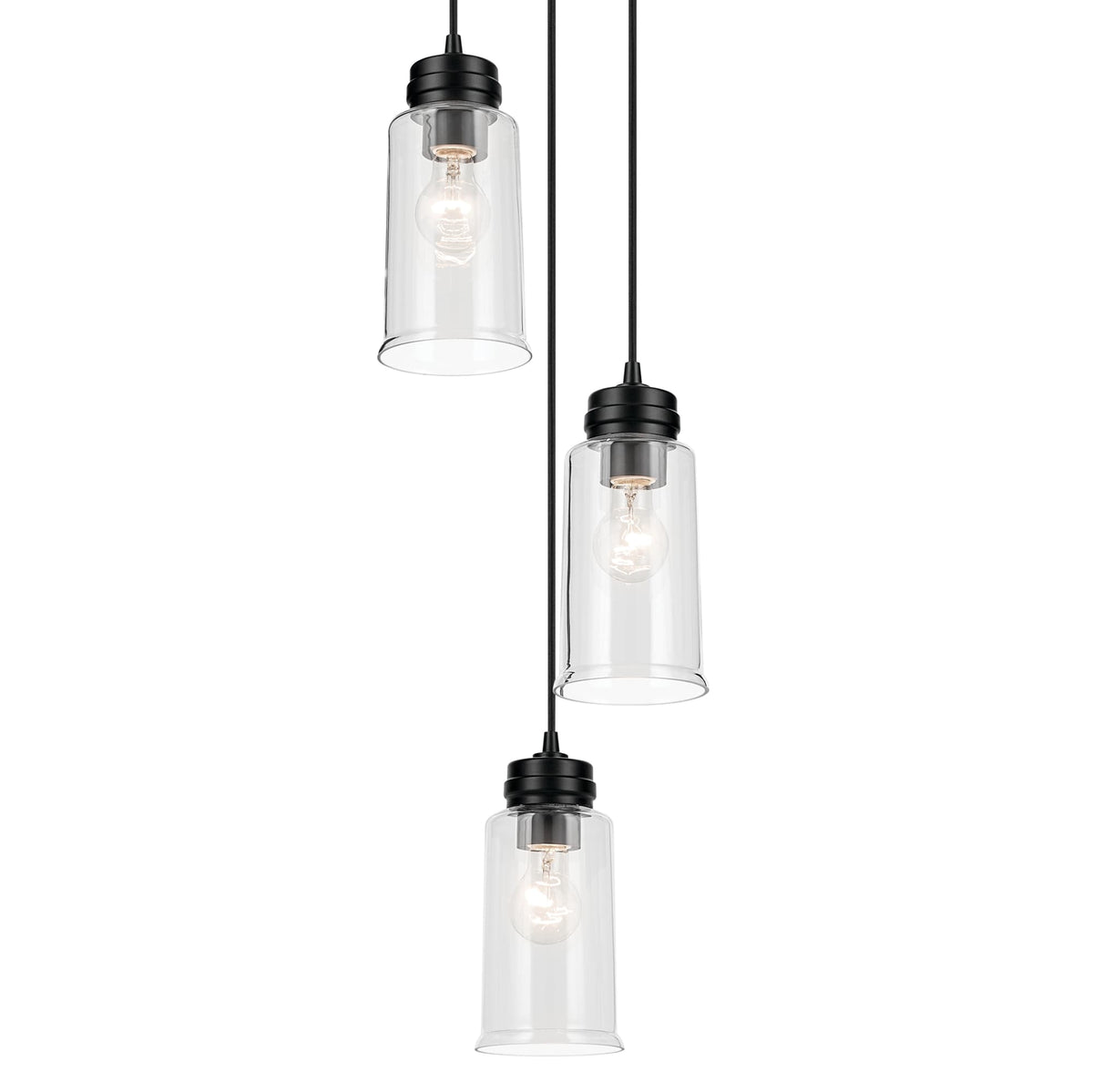 Kichler Jaylen 3-Light Black Farmhouse Clear Glass Cylinder Medium Hanging Pendant Light