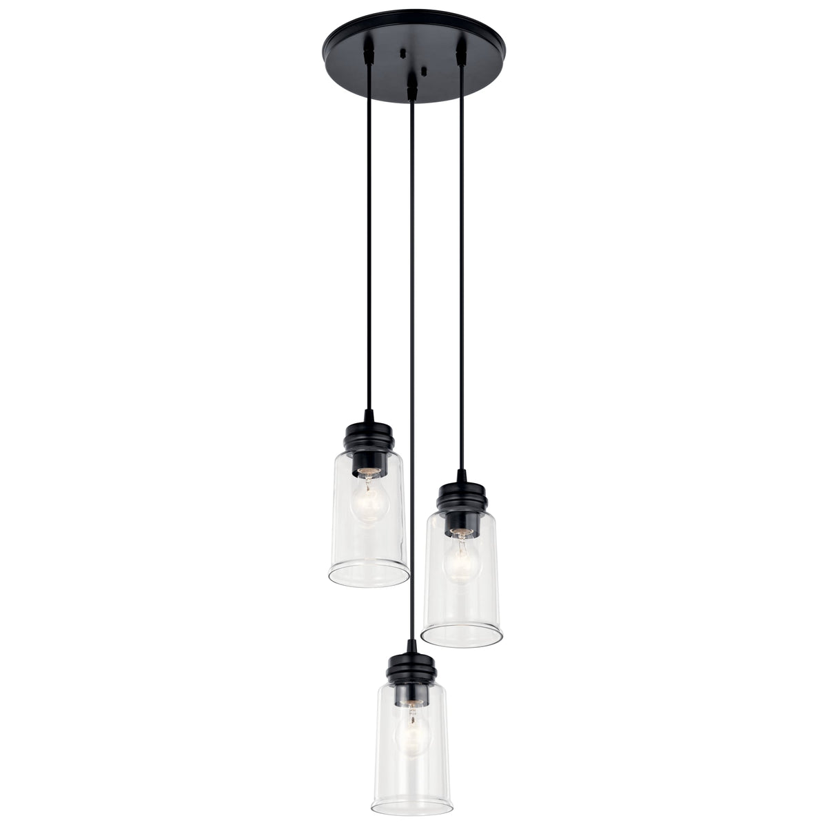 Kichler Jaylen 3-Light Black Farmhouse Clear Glass Cylinder Medium Hanging Pendant Light