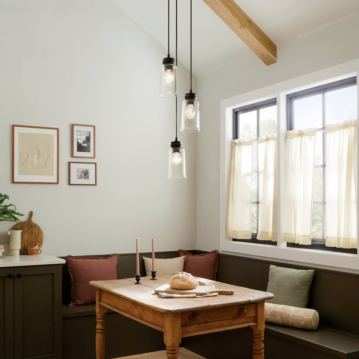 Kichler Jaylen 3-Light Black Farmhouse Clear Glass Cylinder Medium Hanging Pendant Light