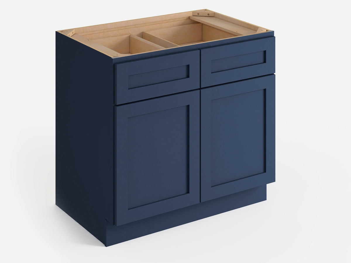 Valleywood Cabinetry 36-in W x 34.5-in H x 24-in D Marine Blue Birch 2-Drawers Base Ready To Assemble Plywood Cabinet (Flat Panel Shaker Style)