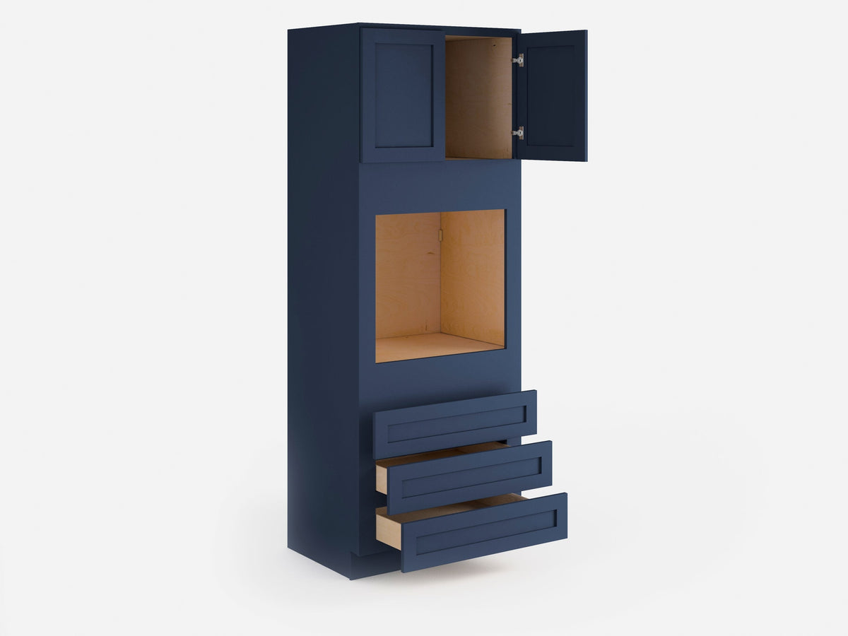 Valleywood Cabinetry 33-in W x 96-in H x 24-in D Marine Blue Birch 3-Drawers Single or Double Oven Pantry Ready To Assemble Plywood Cabinet (Flat Panel Shaker Style)