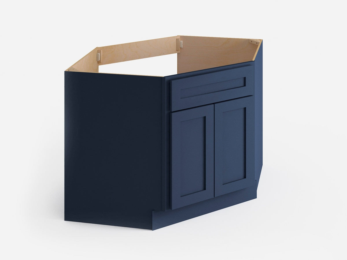 Valleywood Cabinetry 42-in W x 34.5-in H x 24-in D Marine Blue Birch Diagonal Sink Base Ready To Assemble Plywood Cabinet (Flat Panel Shaker Style)