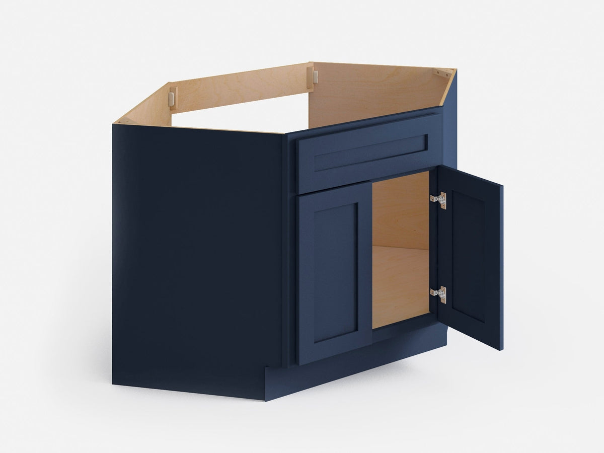Valleywood Cabinetry 42-in W x 34.5-in H x 24-in D Marine Blue Birch Diagonal Sink Base Ready To Assemble Plywood Cabinet (Flat Panel Shaker Style)