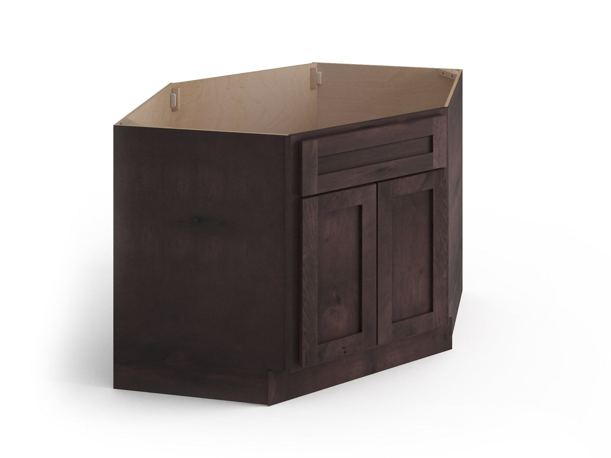 Valleywood Cabinetry 42-in W x 34.5-in H x 24-in D Rustic Hickory Diagonal 1-Drawer Corner Base Ready To Assemble Plywood Cabinet (Flat Panel Shaker Style)