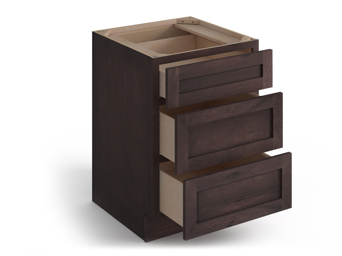 Valleywood Cabinetry 36-in W x 34.5-in H x 24-in D Rustic Hickory 3-Drawer Base Ready To Assemble Plywood Cabinet (Flat Panel Style)
