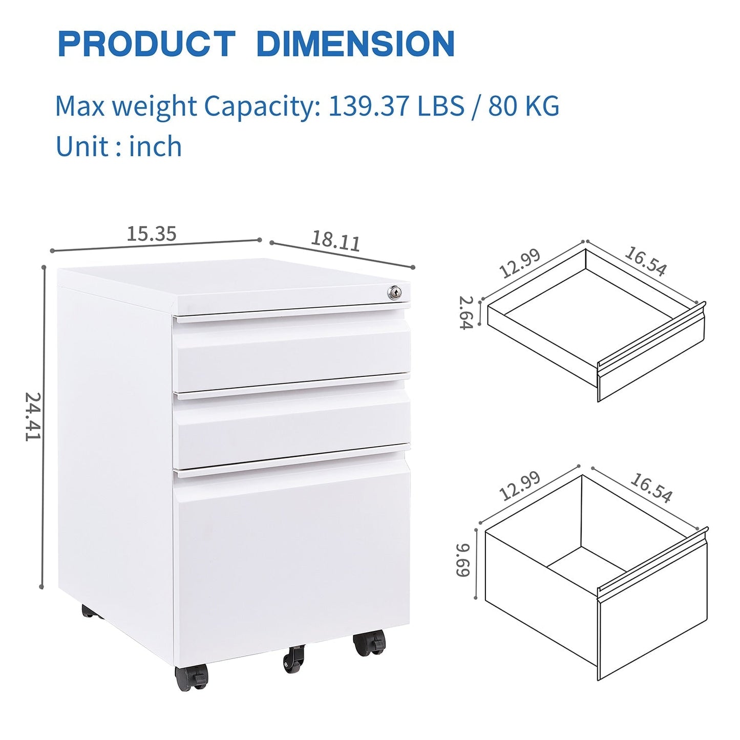 GZMR 3 Drawer File Cabinet with Lock White 3-Drawer 15.35-in File Cabinet