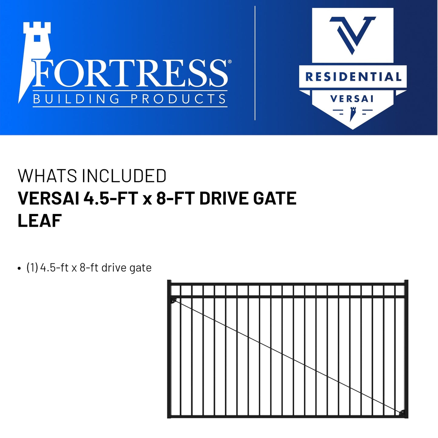 Fortress Building Products 4-1/2-ft H x 8-ft W Gloss Black Galvanized Steel Spaced Picket Flat-top Decorative Drive Gate Fence Gate