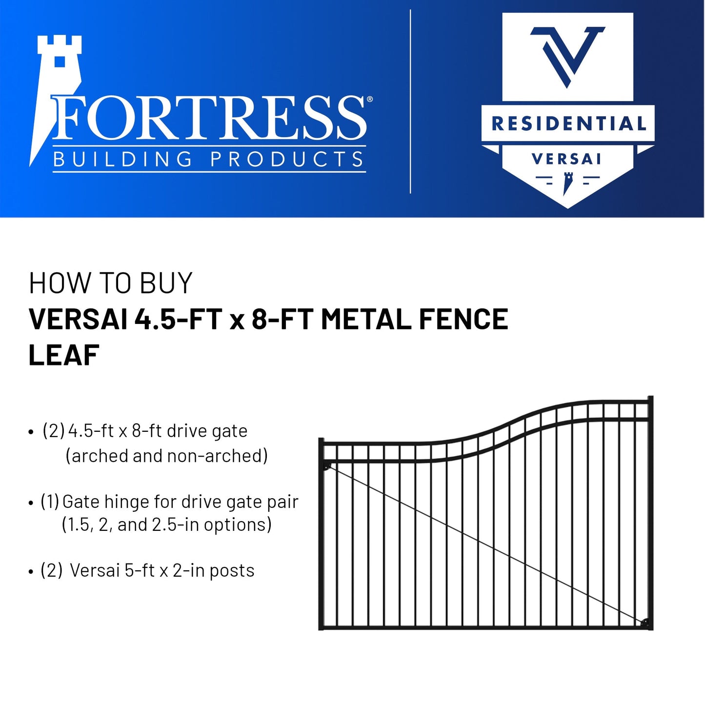 Fortress Building Products 4-1/2-ft H x 8-ft W Gloss Black Galvanized Steel Spaced Picket Flat-top Decorative Drive Gate Fence Gate