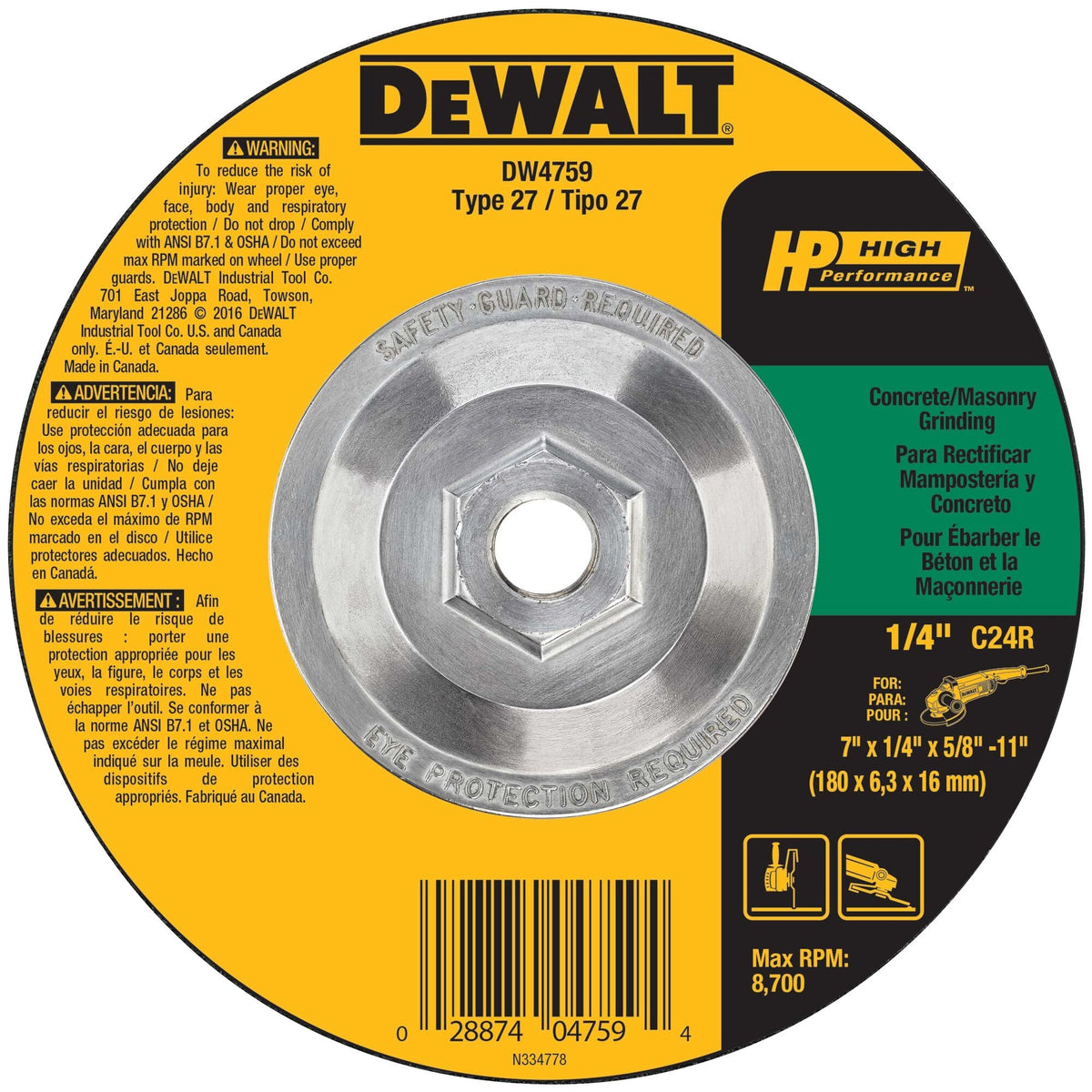 DEWALT Silicon Carbide 7-in Type 27 Grinding Wheel, 5/8-in Arbor, 1/4-in Thick