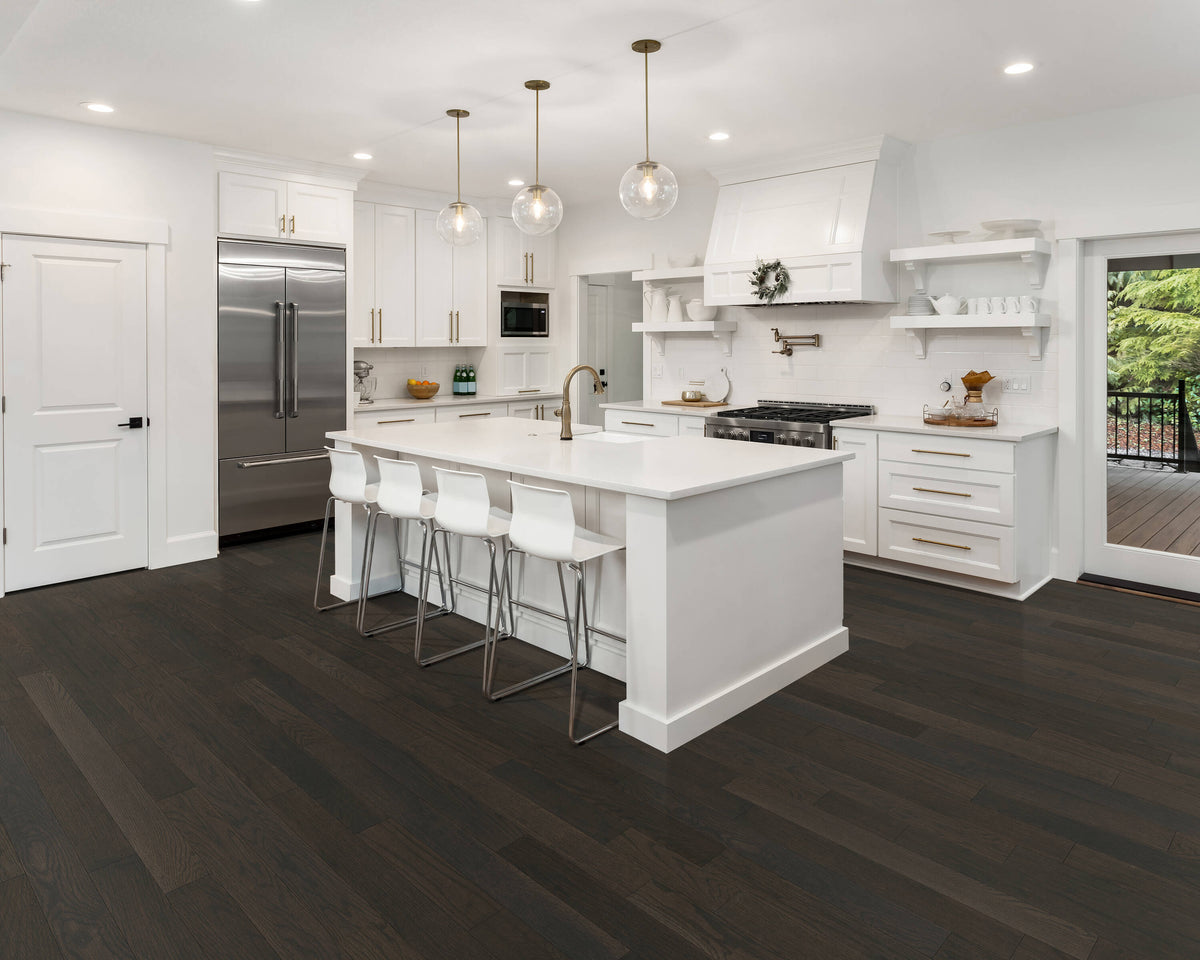 Green Leaf Oak Charred Bark hardwood flooring — installed room view