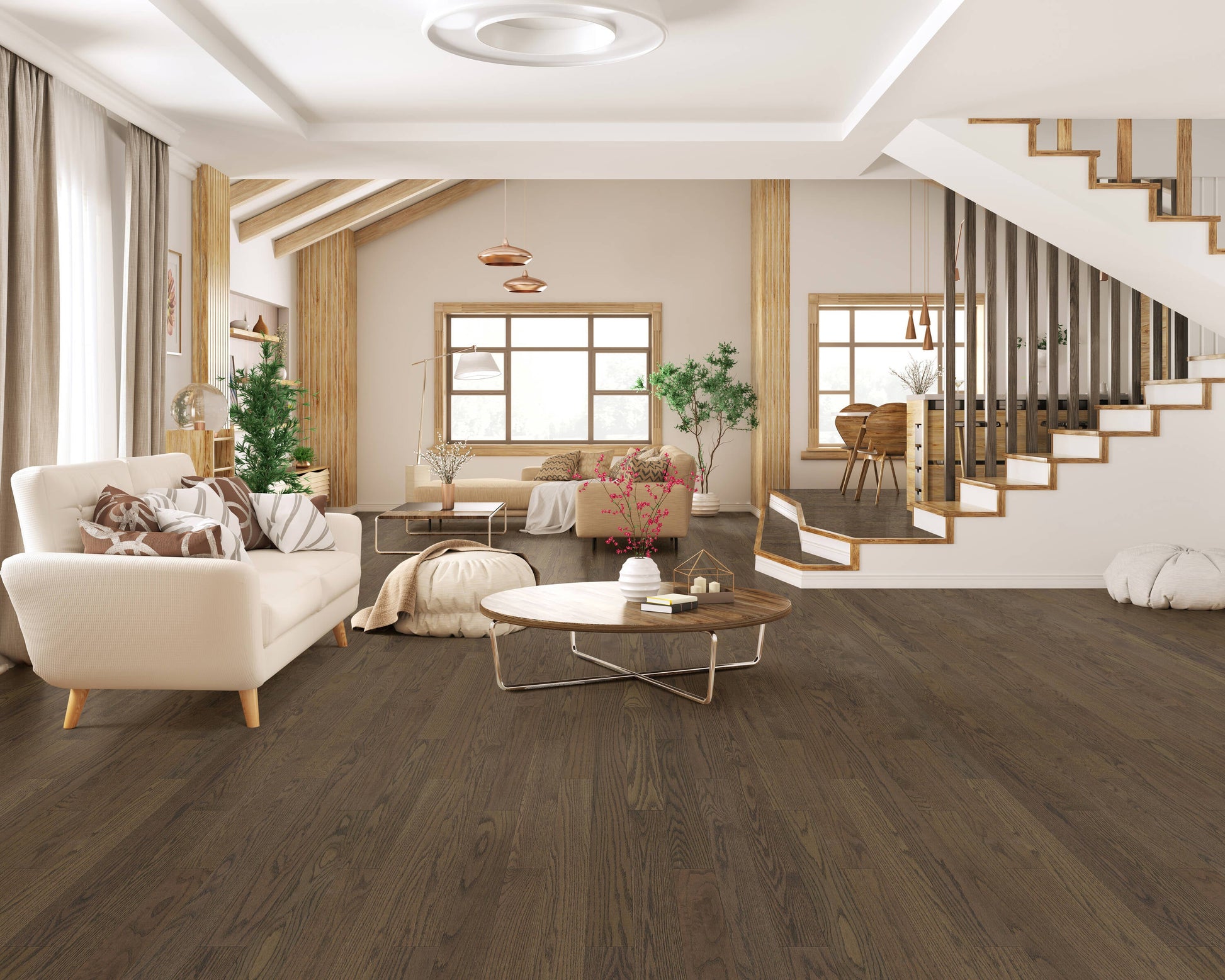 Green Leaf Oak Worn Driftwood hardwood flooring — installed room view
