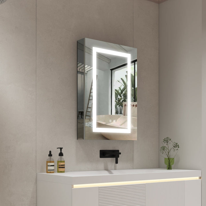 Forclover 20-in x 30-in Lighted LED Fog Free Surface/Recessed Mount Silver Soft Close Medicine Cabinet with Outlet