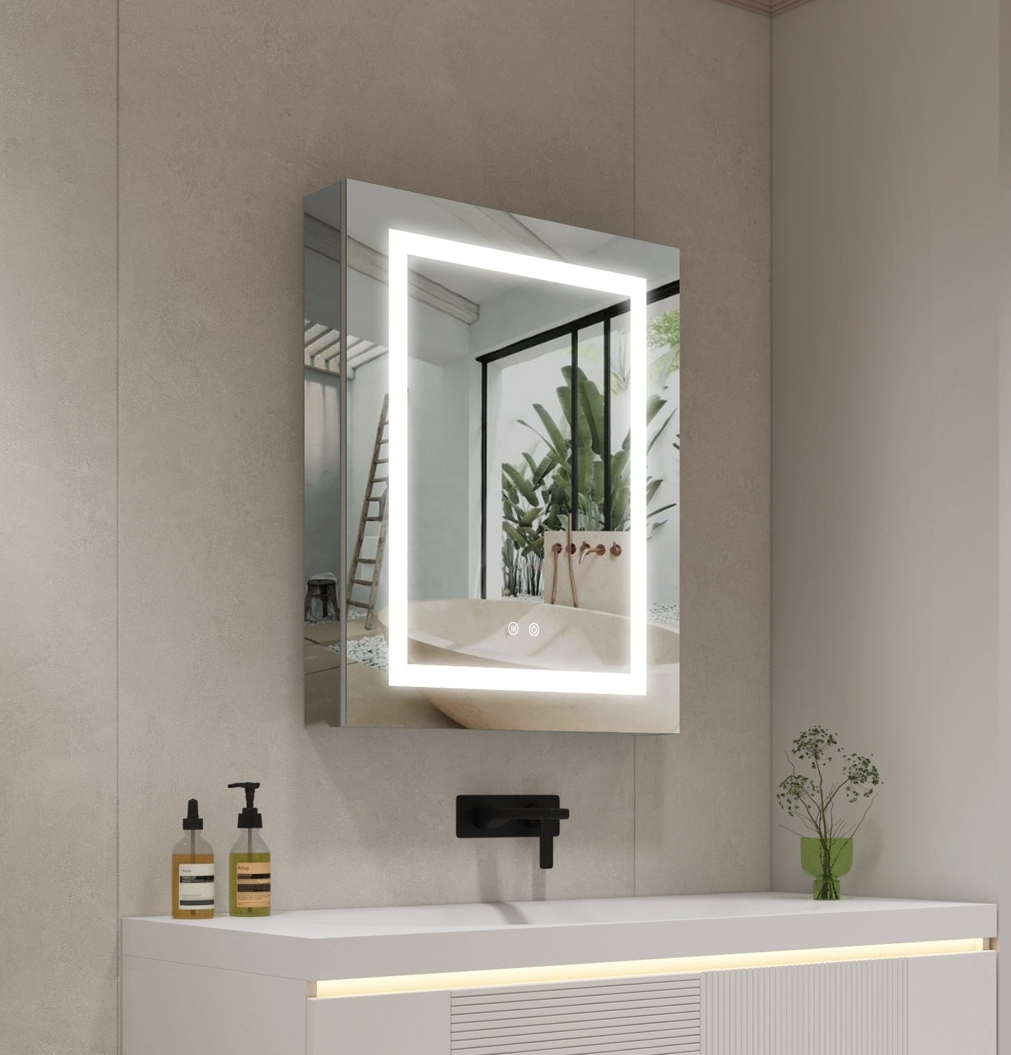 Forclover 24-in x 30-in Lighted LED Fog Free Surface/Recessed Mount Silver Mirrored Soft Close Medicine Cabinet with Outlet
