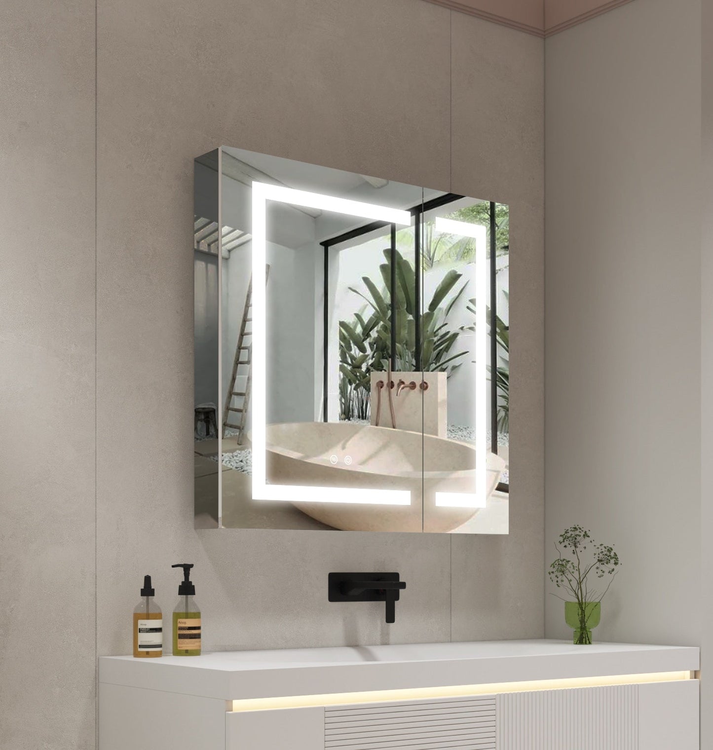 Forclover 30-in x 30-in Lighted LED Fog Free Surface/Recessed Mount Silver Mirrored Soft Close Medicine Cabinet with Outlet
