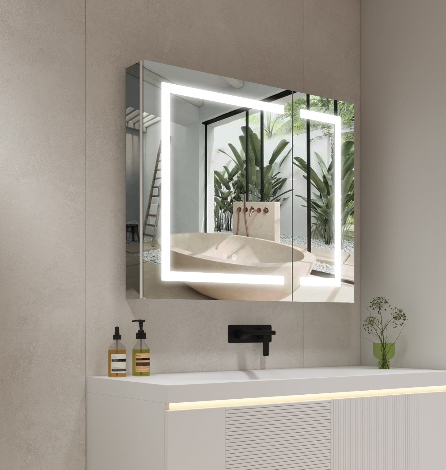Forclover 36-in x 30-in Lighted LED Fog Free Surface/Recessed Mount Silver Mirrored Soft Close Medicine Cabinet with Outlet
