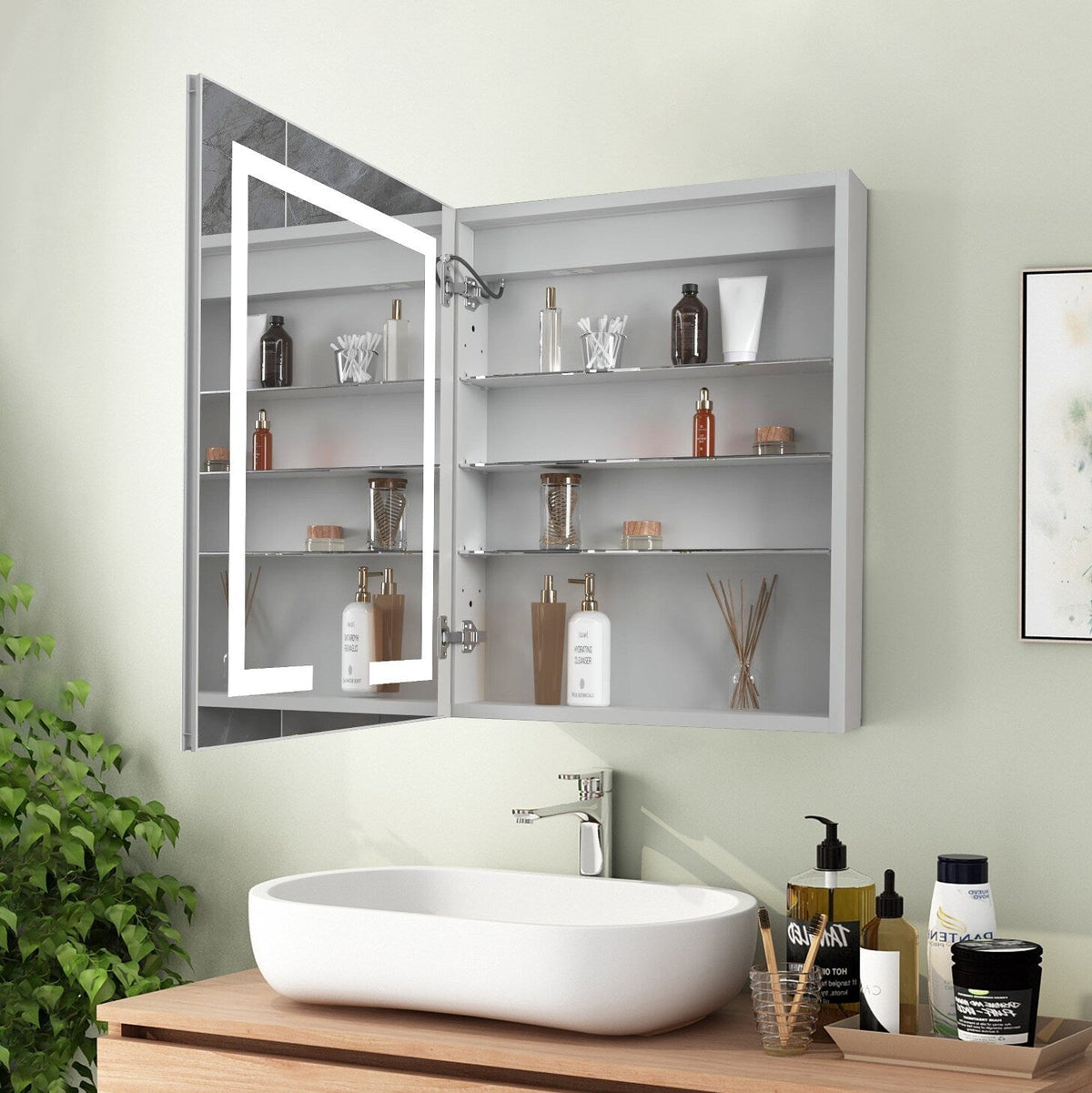WELLFOR V3 24-in x 30-in Lighted LED Surface/Recessed Mount Aluminum Mirrored Soft Close Medicine Cabinet with Outlet