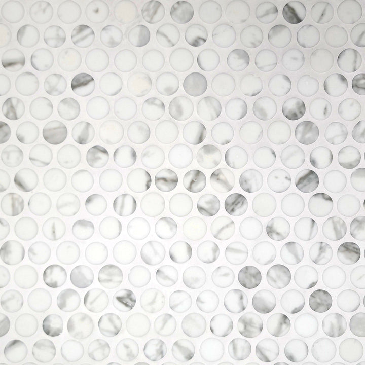 SUNWINGS Circle White Calacatta 10-in x 11-in Matte Recycled glass Marble look Penny round Mosaic Floor and Wall Tile product image