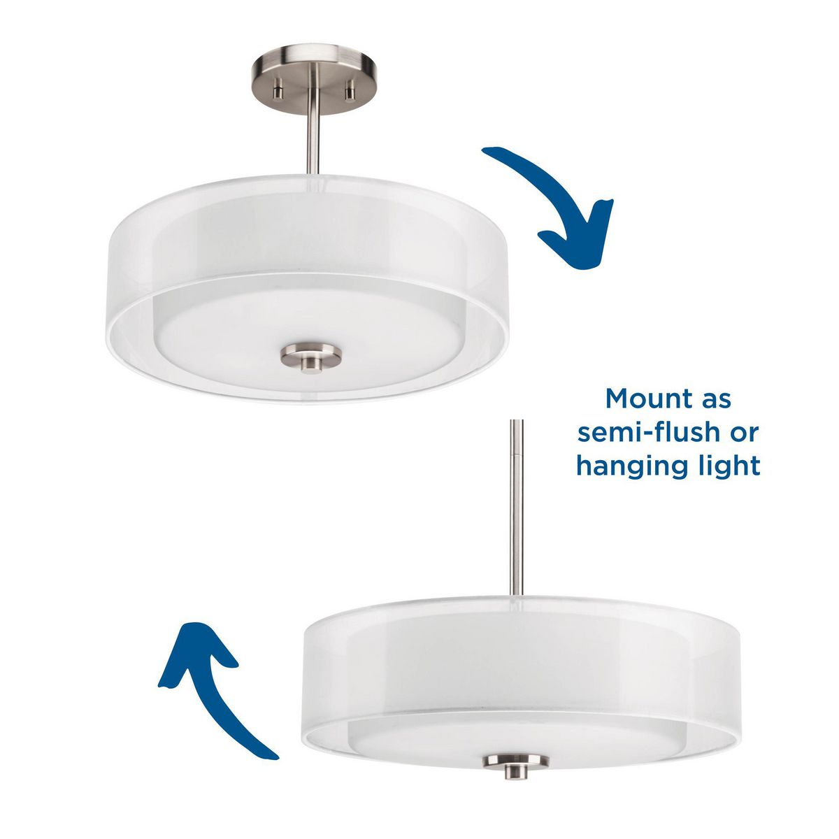 Progress Lighting Invite 3-Light Brushed Nickel Transitional Frosted Glass Drum Medium Hanging Convertible Pendant/semi-flush