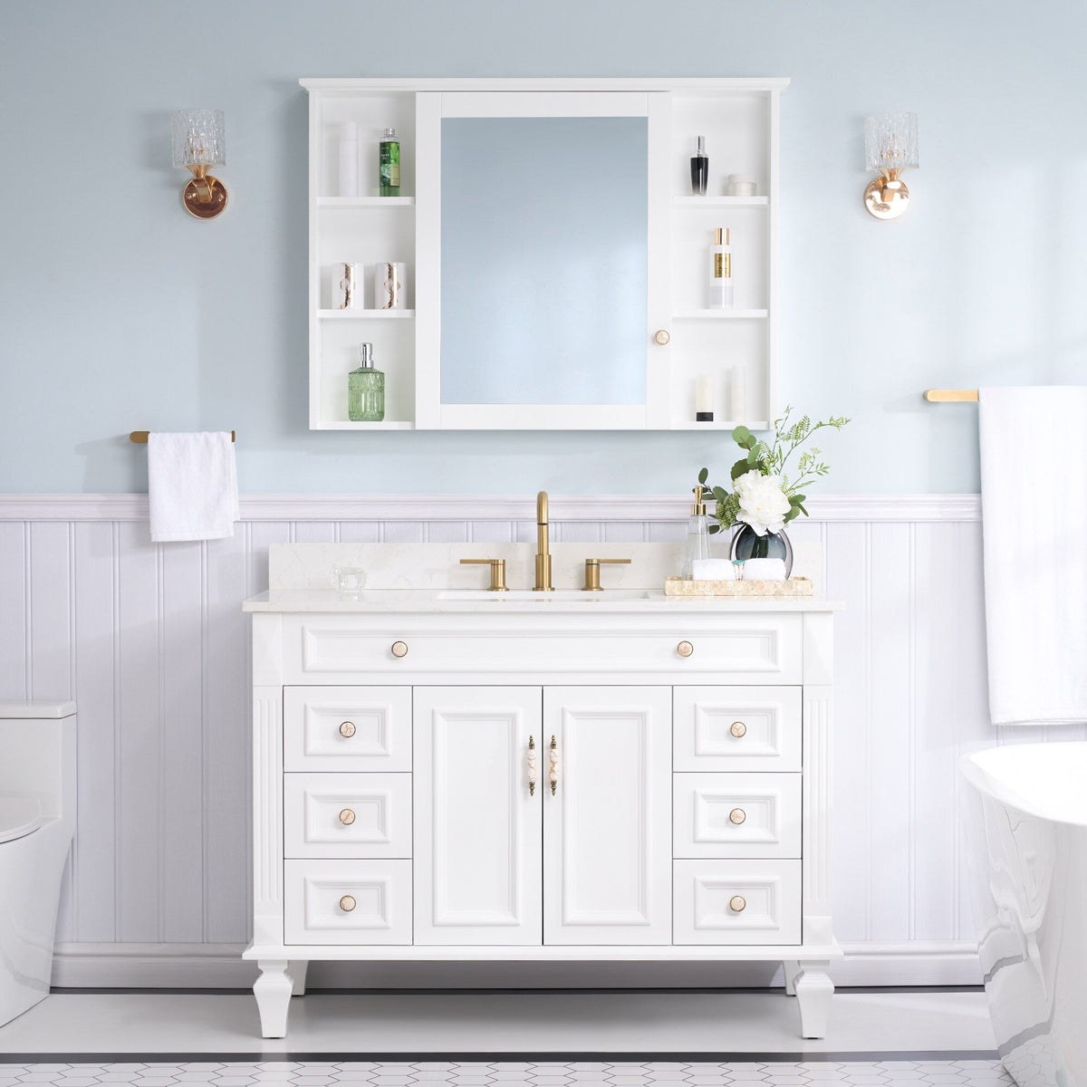 WELLFOR ART Solid Wood 42-in x 30-in Surface Mount White Mirrored Soft Close Medicine Cabinet
