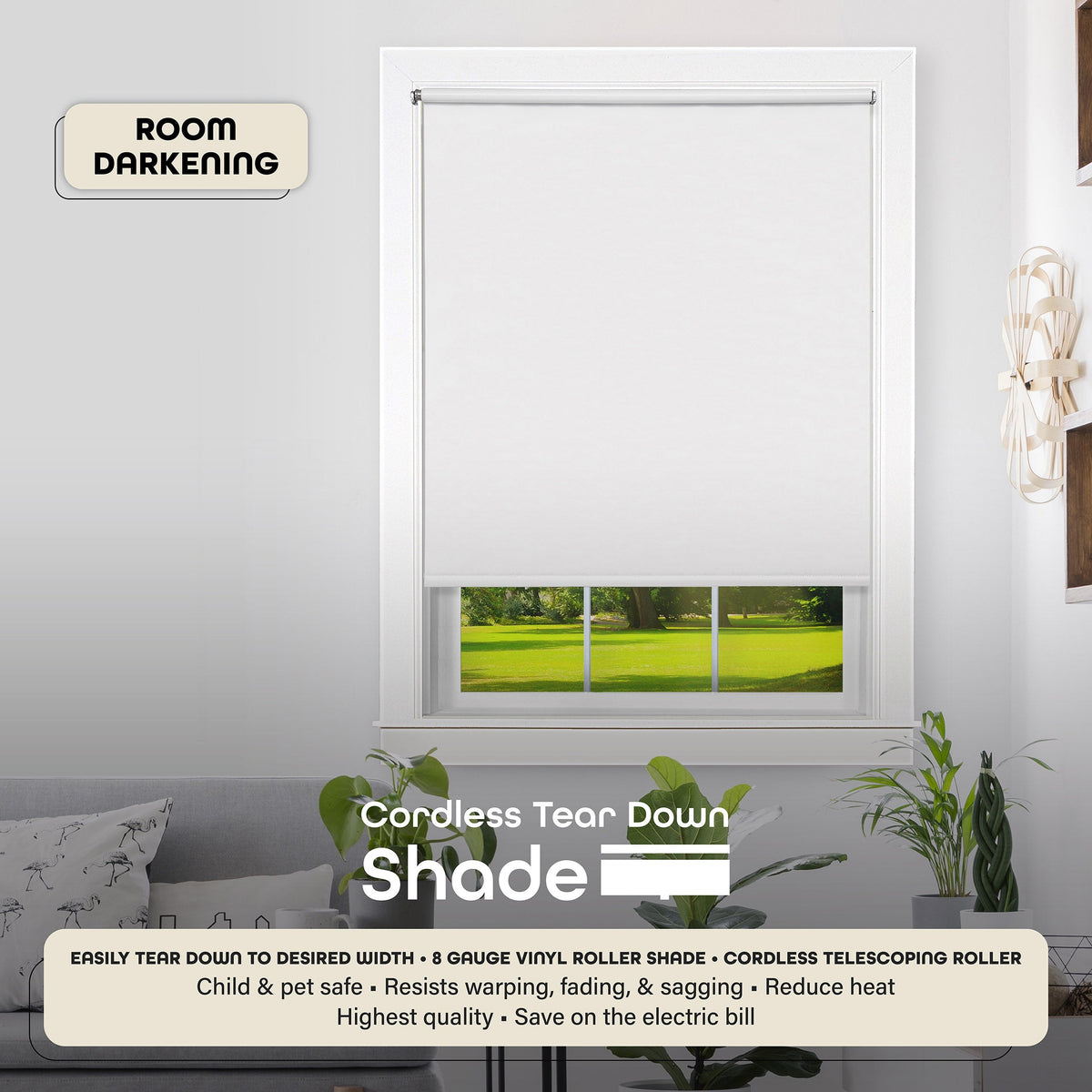 Achim Tear Down Room Darkening Shade, 73-in W x 72-in L, White Cordless Vinyl Roller Shade