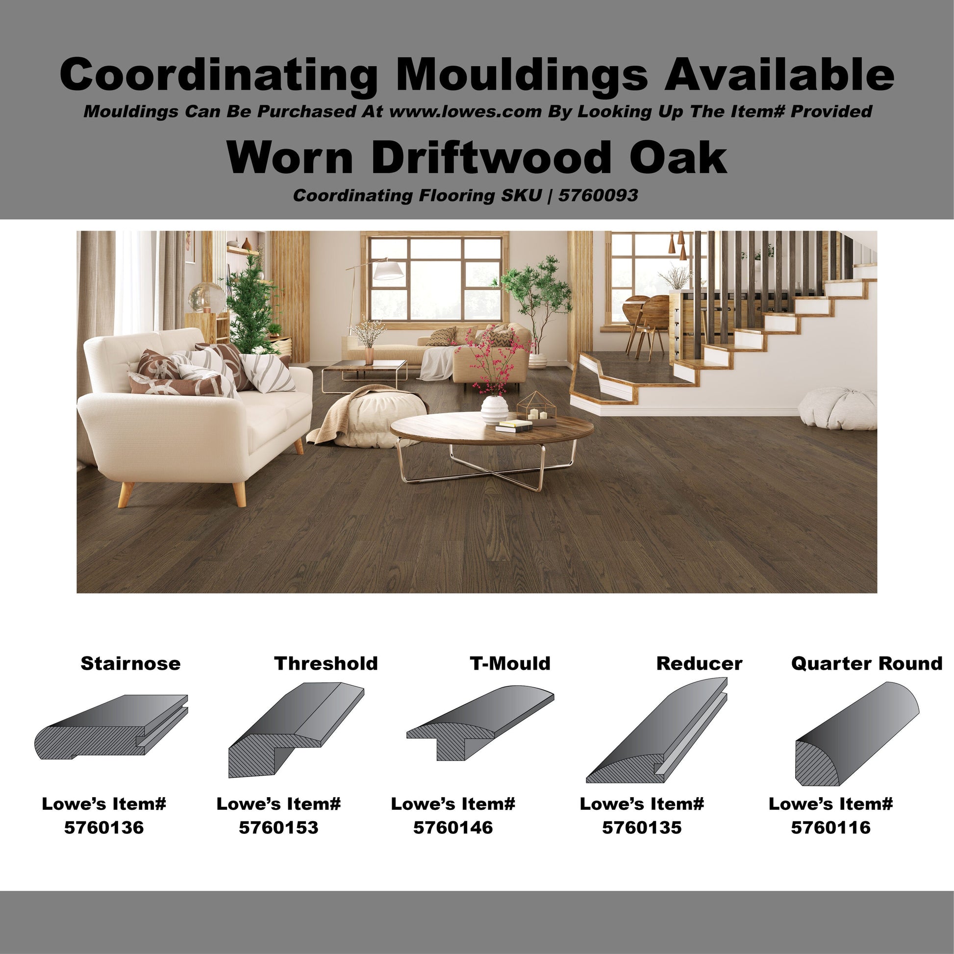Green Leaf Oak Worn Driftwood hardwood flooring — carton and plank detail