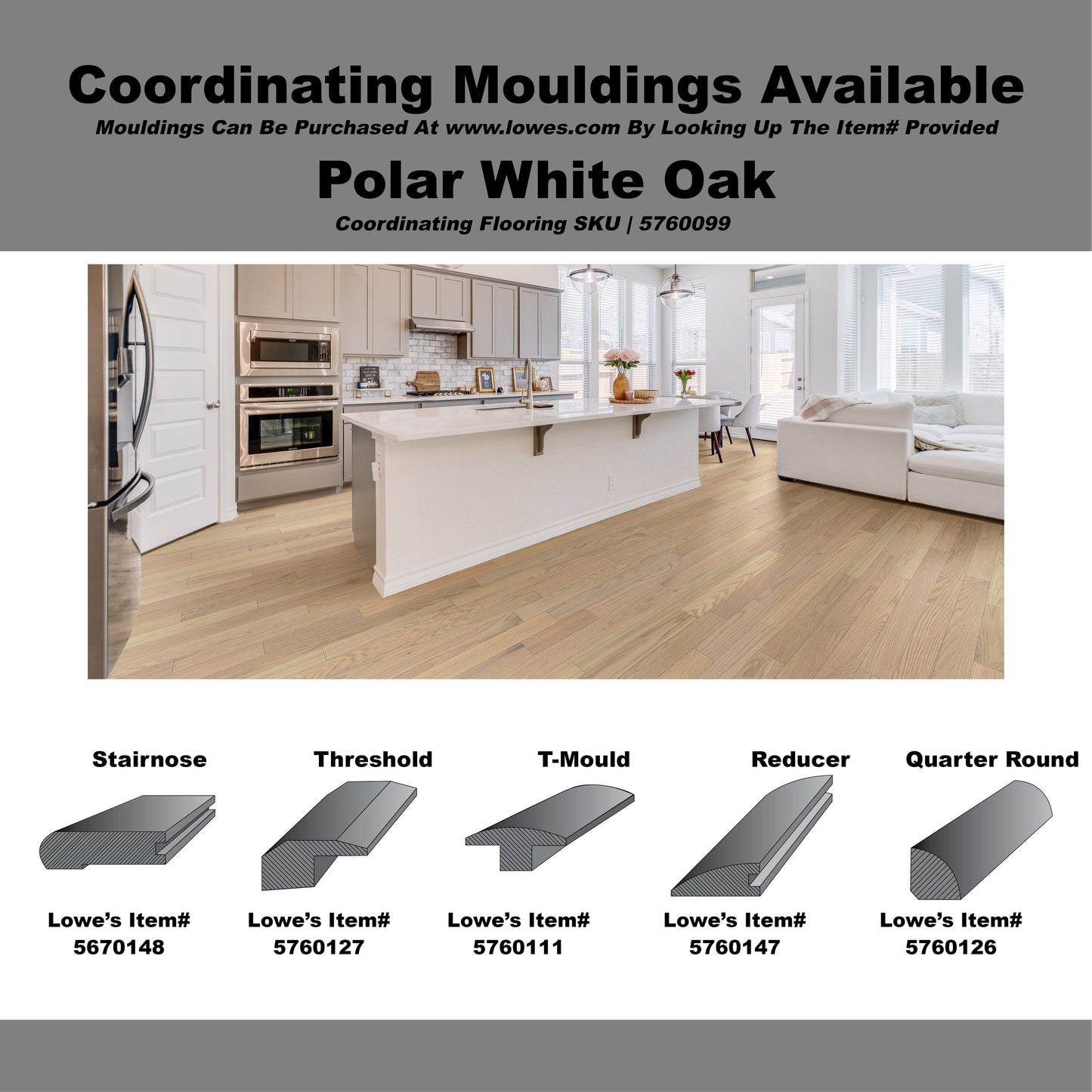 Green Leaf Oak Polar White hardwood flooring — carton and plank detail