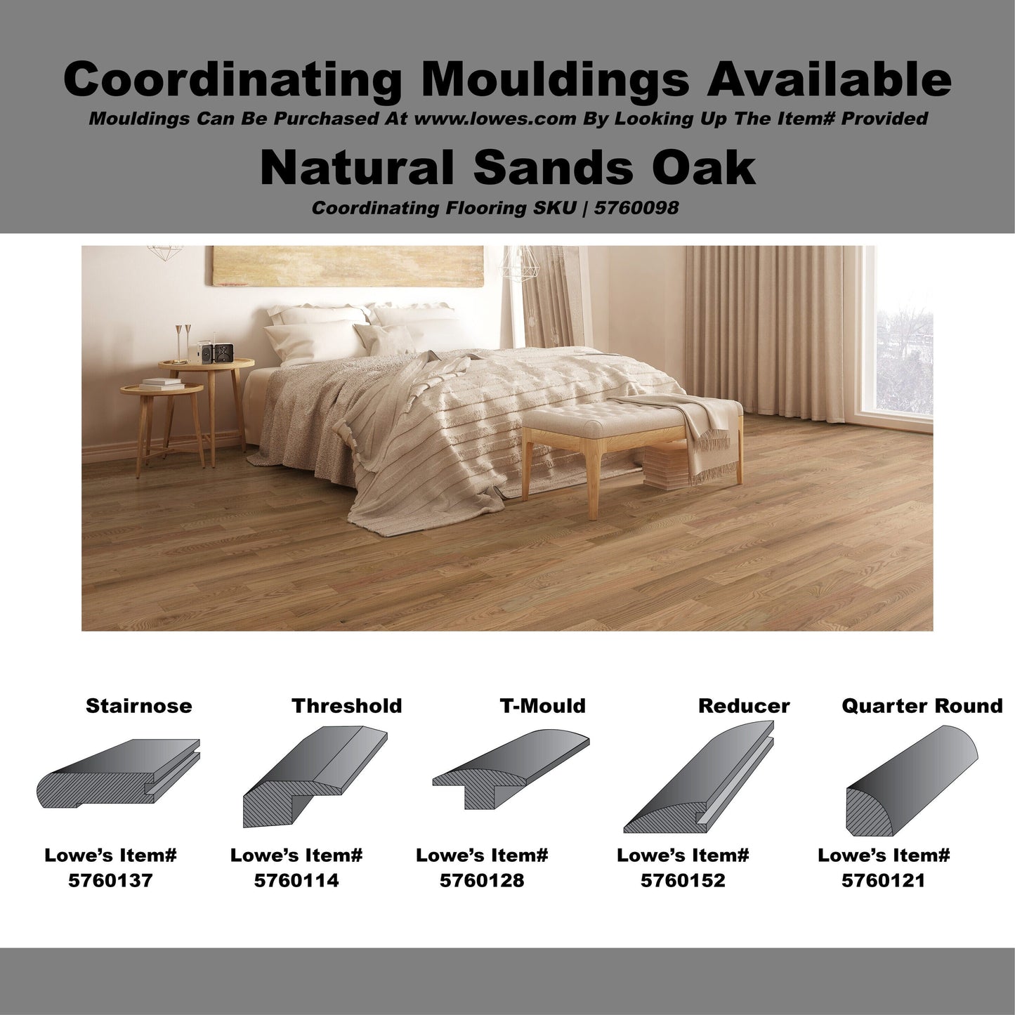 Green Leaf Oak Natural Sands hardwood flooring — carton and plank detail