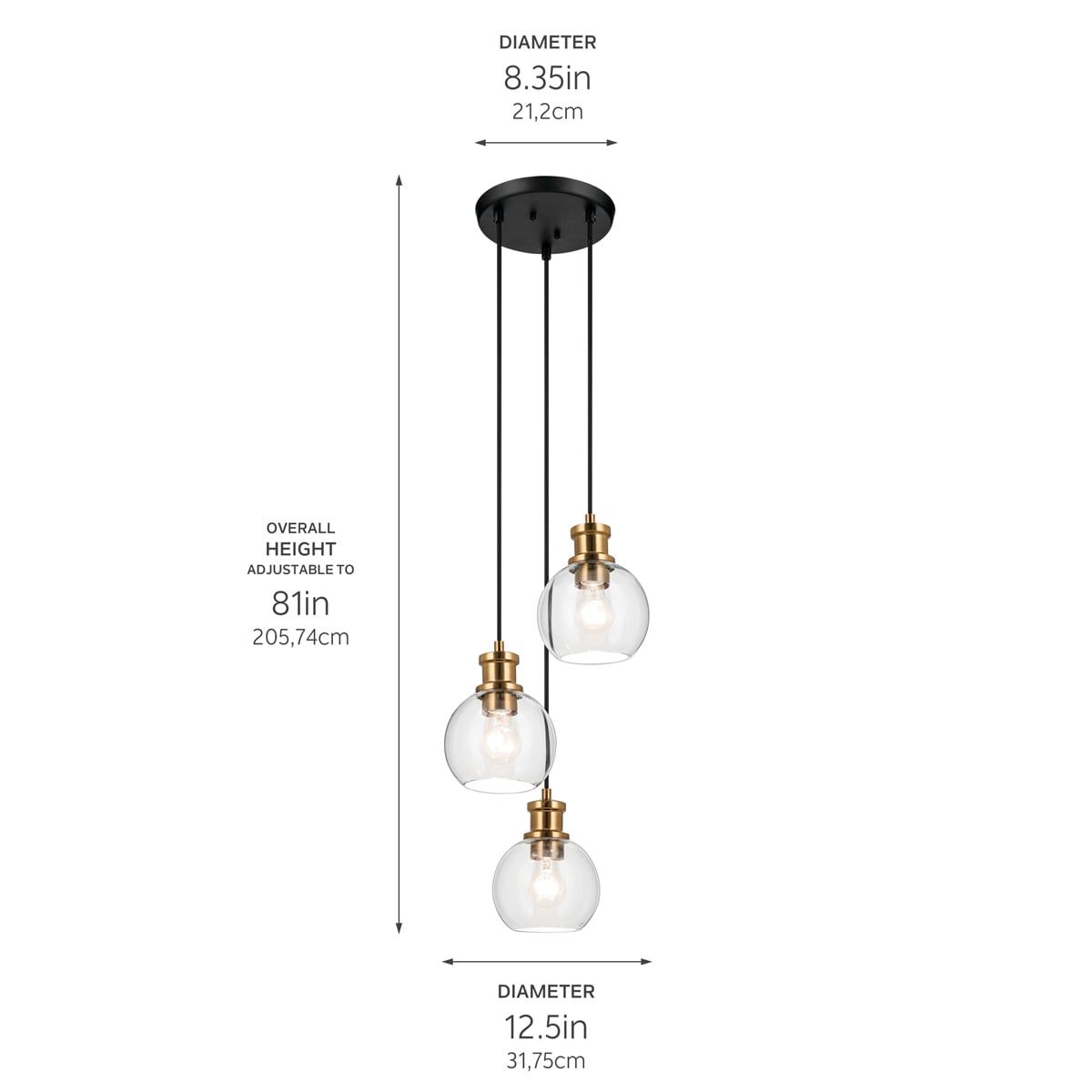 Kichler Clove 3-Light Black Vintage Clear Glass Globe Medium Hanging Pendant Light