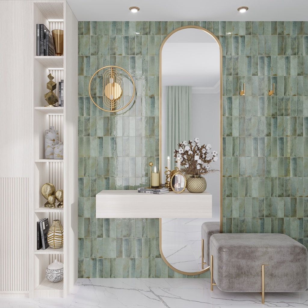 Apollo Tile Antiek Sage Green 3-in x 8-in Glossy Ceramic Brick Look Floor and Wall Tile (5.38-sq. ft/ Carton)