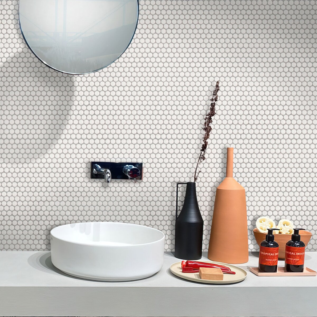 Apollo Tile Cirkel Pearl White 12-in x 12-in Matte Porcelain Penny Round Patterned Floor and Wall Tile (9.87-sq. ft/ Carton)