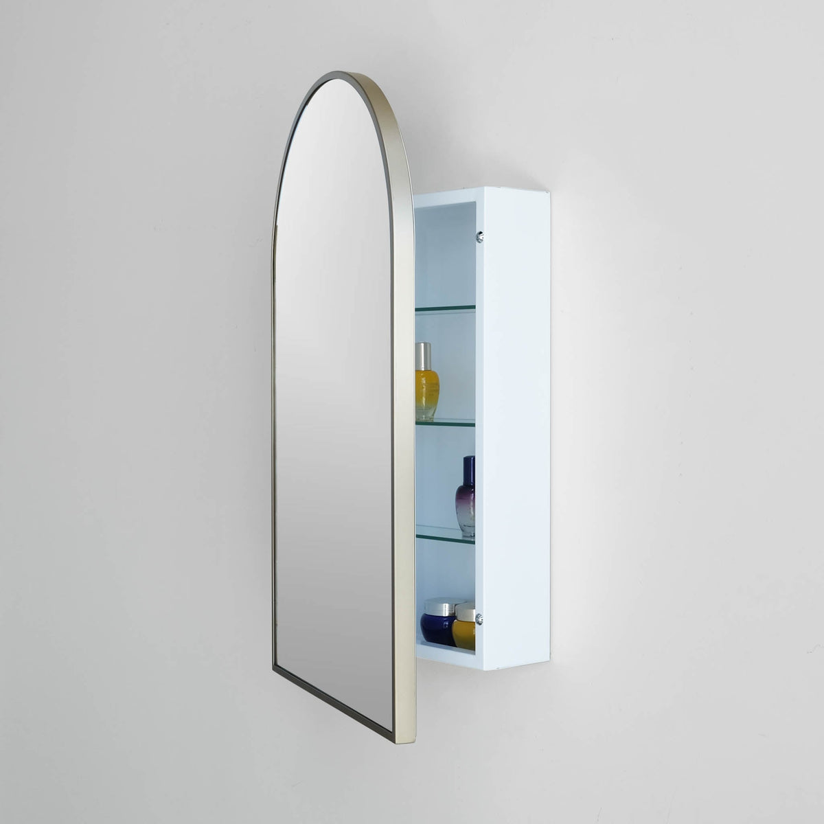 18-in x 30-in Surface Mount Gold Mirrored Arched Medicine Cabinet