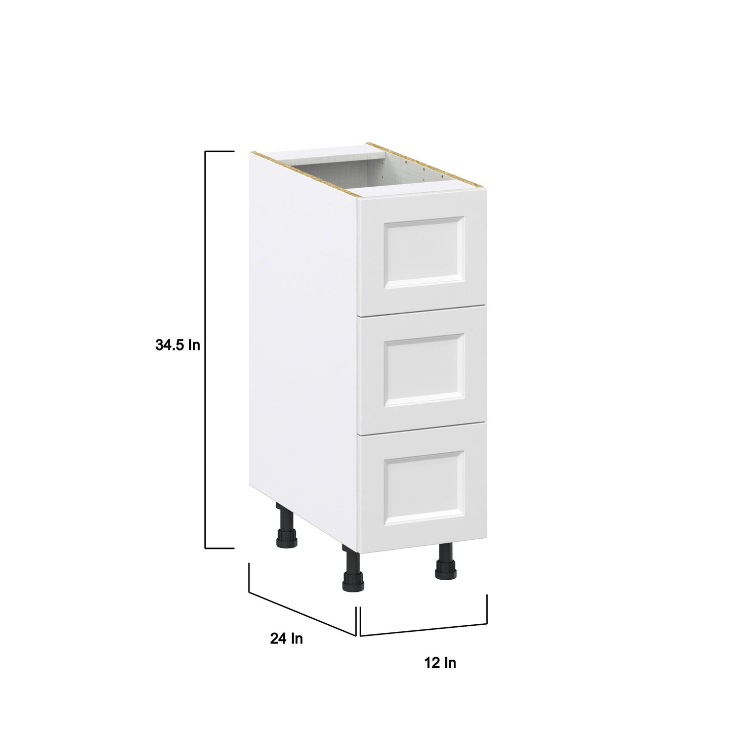 Hugo&Borg Riviera 12-in W x 34.5-in H x 24-in D Bright White 3-Drawer Base Fully Assembled Cabinet (Recessed Panel Style)